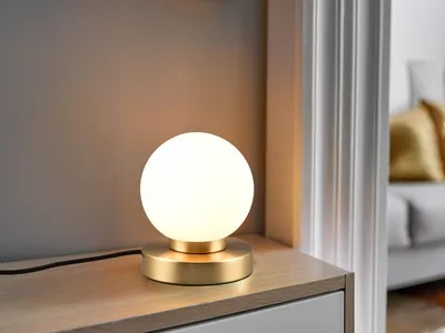 Produktbild von LED Tischlampe Kugel Messing mit GLAS Schirm weiß Touch Dimmer Wohnraumleuchte