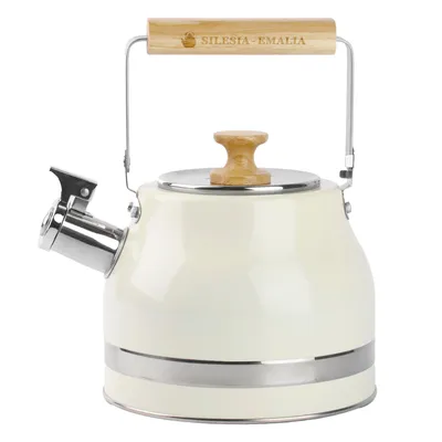 A cream-colored kettle with a wooden handle and lid, shown from the front.