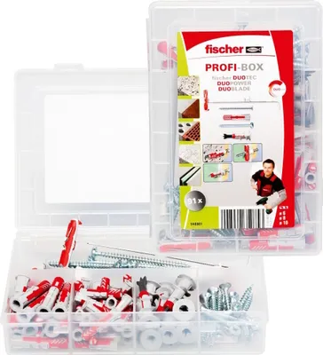 Produktbild von Fischer 548861, Schrauben- & Dübelsatz, Autoklaven-Porenbeton, Mauerziegel, Beton, Gipsblock, Gipskarton, Kunststoff, Deutschland, 91 Stück(e), 30 x DuoPower 6 x 30, 15 x DuoPower 8 x 40, 4 x fischer DuoTec 10, 10 x DuoBlade