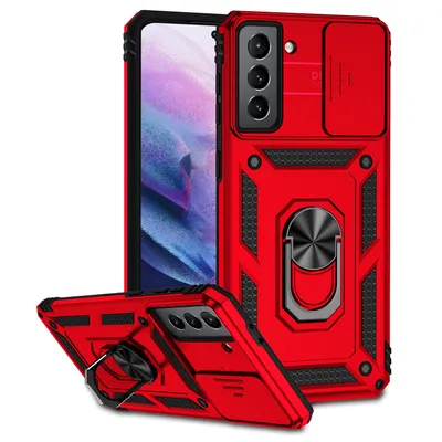 Immagine prodotto di Custodia per Samsung Galaxy S21 5G a doppio strato con copertura scorrevole della fotocamera e supporto ad anello rosso