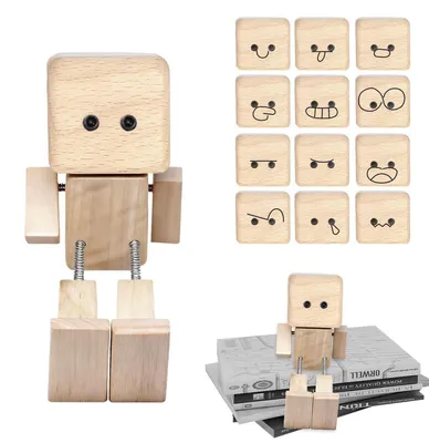 Produktbild von Wackelnde Holzfigur mit 12 magnetischen Gesichtsausdrücken für Auto & Schreibtisch