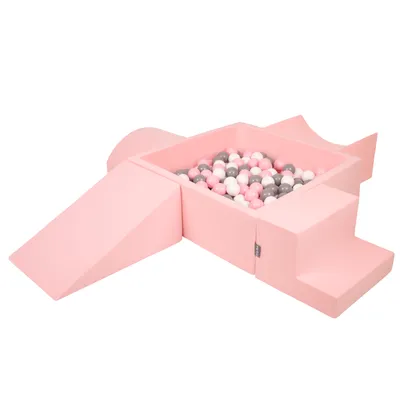 Obrázok produktu pre KiddyMoon Mäkké penové ihrisko pre deti s Štvorec loptičkovým ihriskom (300 ∅ 7 cm) s mäkkými prekážkami a loptičkovým bazénom,  vyrobené v EÚ, Ružová: Biela/Grey/Púdrovo ružová, Verzia 5