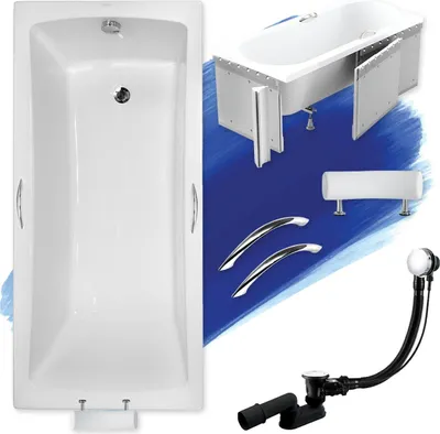 Produktbild von BADLAND Badewanne Rechteck Optima Premium 170x70 mit Ablaufgarnitur, Kopfstütze, Handgriffen, Füßen und Styroporverkleidung GRATIS
