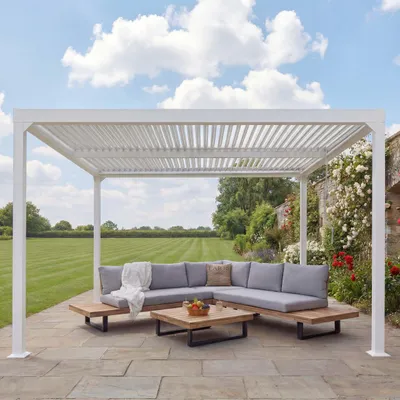Produktbild von Alu Pergola HWC-L41, Lamellen-Pavillon Terrassenüberdachung, stabiles 8cm-Metall-Gestell 3x3,7m  weiß