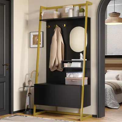 A hallway or entryway with a black and gold coat rack and storage unit.