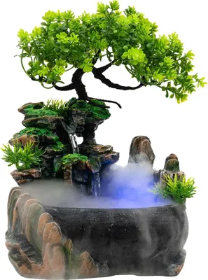 Produktbild von Tischbrunnen - Felsenlandschaft - Mit Wasserpumpe - Nebelgenerator - LED-Beleuchtung - 110/220V - Holz - Hellgrün