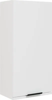 A white wall-mounted cabinet with a black handle.