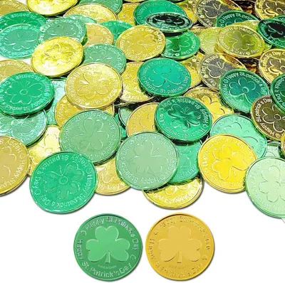 Productafbeelding van St - Set van 100 - Patrick's Day shamrock munten - Goud groene geluksmunten klavertje 3-blad