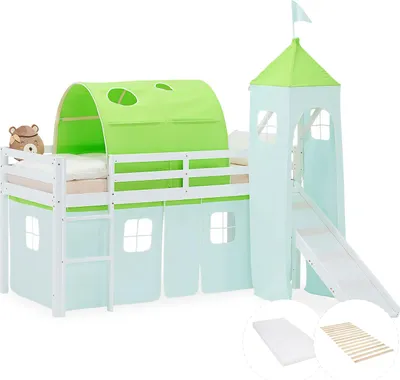 Image de Lit superposé 90x200 cm avec Toboggan Matelas Lit mezzanine en Bois Pin Massif Lit d'enfant Rideau Tour Tunnel Vert