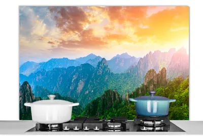 Obrázok produktu pre MuchoWow® Splashback Kuchyňa - Kuchynský backsplash - Ochrana steny pre sporák a drez Hory - Stromy - Západ slnka - Príroda 120x80cm Alu-Dibond