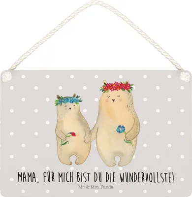 Produktbild von Mr. & Mrs. Panda hängeschild Bären mit Blumenkranz DIN A5 - Grau Pastell - Geschenk, Beste Mama, Schild, wandtafel, Mom, Kinder, Wandbild Holz, sprüche, Türschild, Mutter