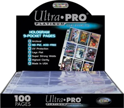 A product display box for Ultra Pro Platinum Series 9-pocket hologram pages.