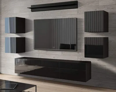 Produktbild von Furnitech Wohnwand Wohnzimmer - Wohnzimmer Möbel mit LED Weiß - Hängend Wohnwand Modern - Regale und TV Schrank (Future C41/HG/B/1 1C)