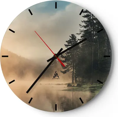 Produktbild von Wanduhr - Rund - Glasuhr - Nebel See Wald - 30x30cm - Schleichendes Uhrwerk - Lautlos - zum Aufhängen bereit - Dekoration Modern - Wanddekoration aus Glas - C3AR30x30-4440