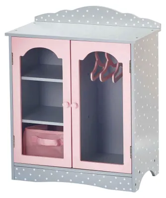 Produktbild von Olivia's Little World Bunt gepunkteter Prinzessinnenschrank für 18-Puppen aus Holz mit zwei Türen, Kleiderbügeln und Regalen, grau/rosa