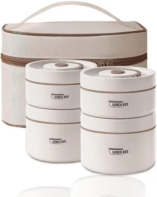 Image de Boîte à repas isotherme en acier inoxydable, lot de 4, beige, 440 ml et 600 ml