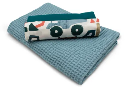 Produktbild von Baustelle Set51 Waffelstoff Set 1x Waffelstoff + 2x Baumwollstoff Druck und Uni je 0,5m x 1,5m Stoffpaket DIY Projekt