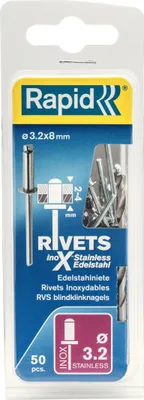 Produktbild von Rapid 5000393, Blindniete, Edelstahl, Stahl, Edelstahl, RP40, RP100, 3,2 mm, 3,2 mm