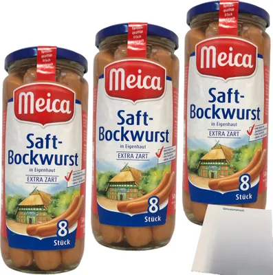Produktbild von Meica Saft-Bockwurst in Eigenhaut 8 Würstchen extra zart 3er Pack (3x360g Glas) + usy Block