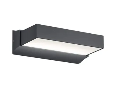 A modern, rectangular outdoor wall light with a dark gray metal frame and a white illuminated panel.