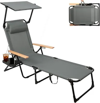 Imagen del producto de Tumbona plegable con toldo, tumbona de jardín plegable, silla reclinable con respaldo ajustable, con reposabrazos de madera, tumbona plegable para camping, ideal para balcón, terraza, camping y playa, ligera (gris)