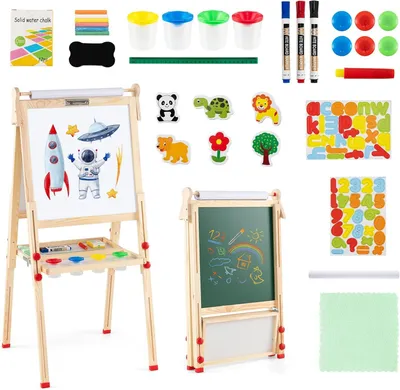 A product image showcasing a wooden easel with various art supplies and magnetic letters/numbers.