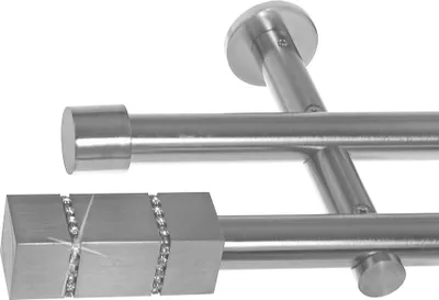 Produktbild von BASIT® Gardinenstange Set Edelstahl Look Metall Ø 19mm zur Wandbefestigung 2-lauf Kristall, Länge wählbar H29 E69 E61