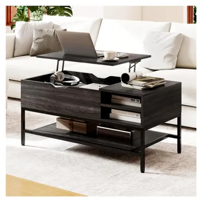 Produktbild von Höhenverstellbarer Couchtisch, Wohnzimmertisch mit offenem Fach und Ablage, Kaffeetisch, Sofatisch, Beistelltisch für das Wohnzimmer, 99,5 x 49,5 x 47,5 cm (Grau)