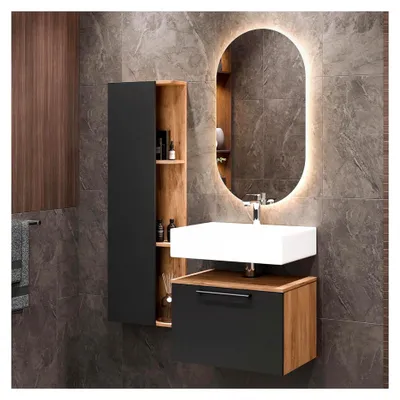 Produktbild von Astra Badmöbel Set mit Waschbeckenunterschrank 60 cm und Seitenschrank in Gold Eiche Anthrazit