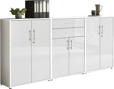 Produktbild von Aktenschrank TABOR 15 in weiß / weiß Hochglanz, Schrankwand, Büroschrank, abschließbar, Metallgriffe