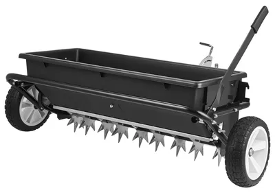Produktbild von VEVOR Anhänger-Rasenstreuer, 3m Streubreite, Garten- und Rasenstreuer mit universeller Anhängerkupplung, 38,6 kg Kapazität & 10 Zoll All-Terrain-Reifen, Saatgut-Dünger-Streuer für ATVs und UTVs, 100 lbs-Kunststoffrad-mit Belüftungsnagel