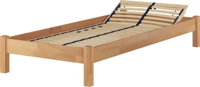 A single bed frame made of light-colored wood, shown from a diagonal angle against a white background. The bed frame has a slatted base, with the head section adjustable.