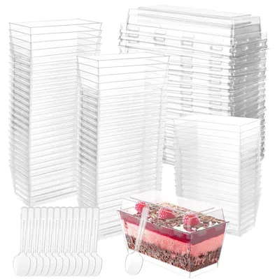 Mini-Dessertbecher 100 Stück, 140 ml, transparent, rechteckig, mit Deckel