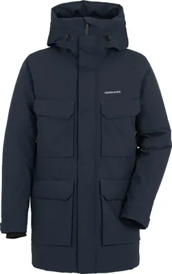 A dark blue parka jacket is shown against a white background.