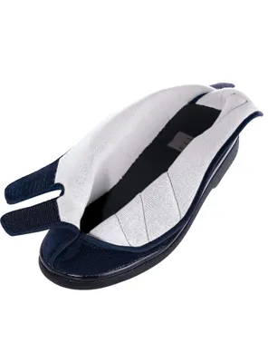A close-up, angled view of a blue and white orthopedic shoe, shown from the side with the top flap open.