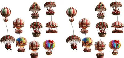 Produktbild von Weihnachtsdekoration mit Heißluftballon: Flacher 2D-Weihnachtsmann im Heißluftballon aus Holz als Anhänger für Fenster, Wand und Zuhause.