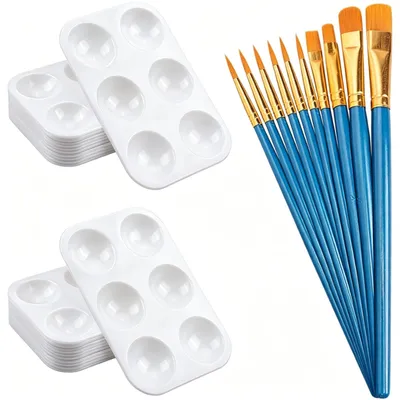 Image de Palette de couleurs - Ensemble de 28 pièces comprenant 18 godets de peinture et 10 pinceaux - Idéale pour la peinture acrylique, aquarelle et à l'huile