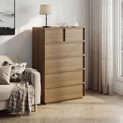 Produktbild von Kommode 6 Schubladen 80x127 cm – Kleiderschrank/Schrank in Eiche-Optik, MDF-Konstruktion, Aufbewahrungsmöbel für Wohnzimmer, Schlafzimmer & Flur, 80x48x127 cm