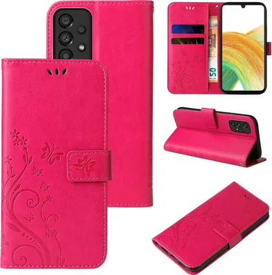 A collage of images showing a pink floral butterfly embossed flip phone case for a Samsung Galaxy A33 5G.