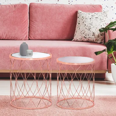 Produktbild von WOMO-DESIGN Design Beistelltisch 2er Set 40/45 cm in Kupfer aus Metall und Glas, Wohnzimmertisch mit Glasplatte verspiegelt Metallgestell Couchtisch