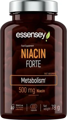 Produktbild von ESSENSEY - Niacin I 500mg I 120 Kapseln I Nikotinsureamid I Vegetarier & ohne Zustze I 120 Tagesdosen I Leicht zu schlucken I Labor