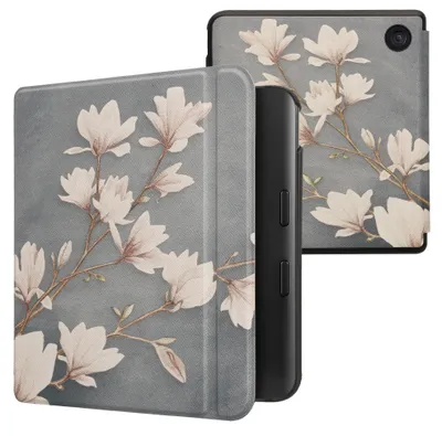 Produktbild von kwmobile Schutzhülle für Kobo Kobo Libra Colour / Tolino Vision Color Hülle - eReader Flip Case mit Auto Sleep Funktion - Magnolien mit Taupe Weiß
