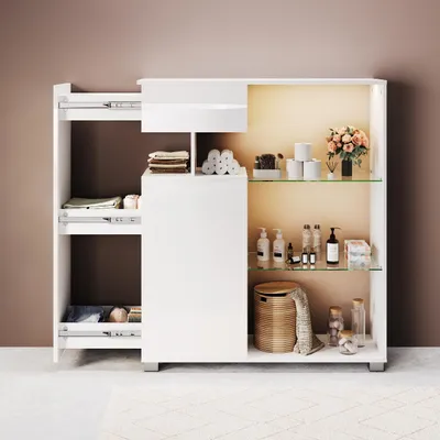 Immagine prodotto di SONNI Armadietto bianco 100x26x116 cm con striscia luminosa a LED a induzione - Armadietto portaoggetti - Armadietto da bagno