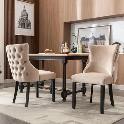 Image de Fortuna Lai Chaise à 4 pieds, chaise beige en velours Chaise de salle à manger, avec capitonnage boutonné, structure en bois massif, beige (lot de 2)