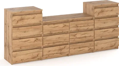 A long, low dresser with multiple drawers, divided into sections, with a taller section on each end.