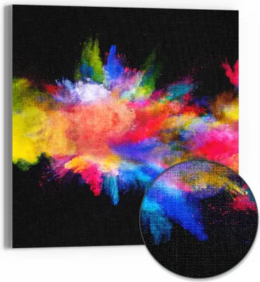 Produktbild von DEQORI Hybrid Leinwand Bild 50x50 cm 'Zusammenknall Farbpuder' Wandbild Glas flach modern