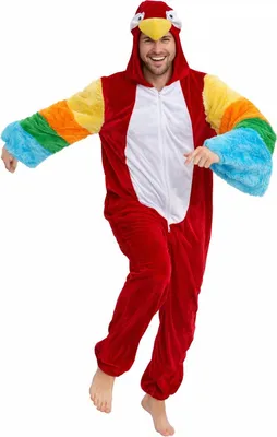 Produktbild von Papageikostüm Herren Overall mit Kapuze – Tierkostüm Erwachsene Rot Bunt Einteiler – Karneval Fasching Verkleidung Tieranzug Festival JGA Kostüm Männer Vogel, Größe:XL