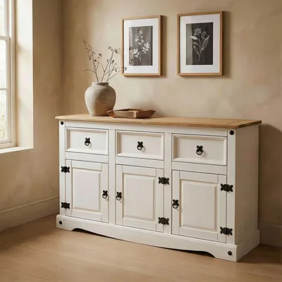 Produktbild von Sideboard CAMPO im Mexiko Stil Kommode Kiefer massiv weiß  mit 3 Schubladen und 3 Türen Buffetschrank Geschirrschrank