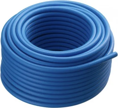 A coiled blue hose on a white background.