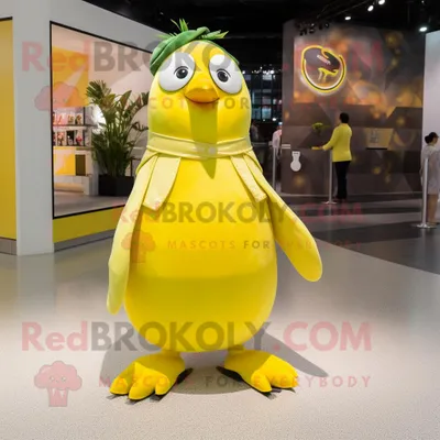 Produktbild von Zitronengelber REDBROKOLY Pinguin Maskottchen Kostüm charakter bekleidet mit einem A-Linien-Rock und Schuhclips